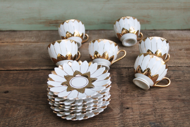 photo of vintage china demitasse cups & saucers, white w/ gold flower shaped espresso or tiny tea cups set for 6  #8