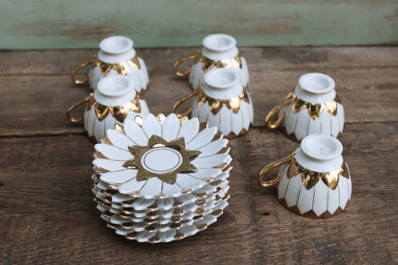 photo of vintage china demitasse cups & saucers, white w/ gold flower shaped espresso or tiny tea cups set for 6  #9