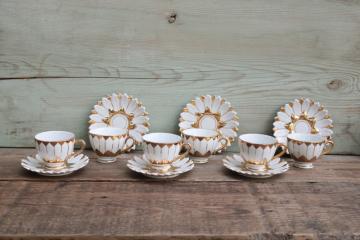 vintage china demitasse cups & saucers, white w/ gold flower shaped espresso or tiny tea cups set for 6 
