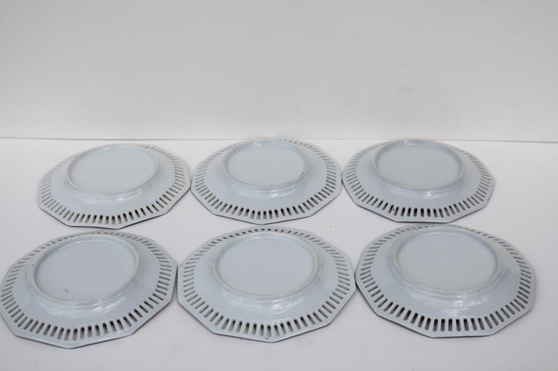 photo of vintage china dessert plates set, reticulated border hand painted floral #5