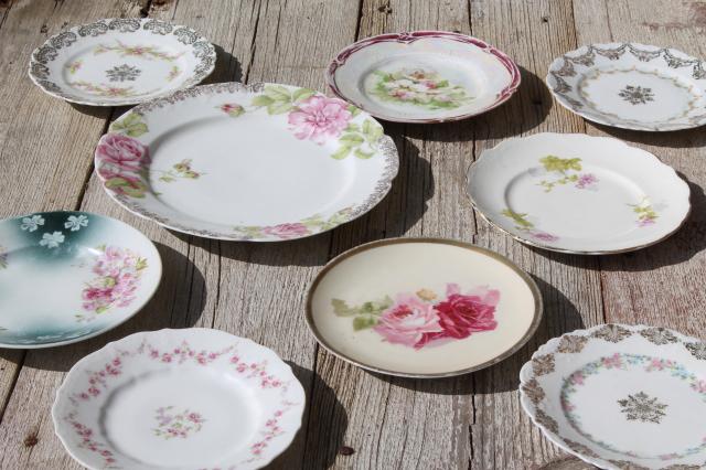 photo of vintage china dessert set, mismatched roses cake plates & serving plate #1