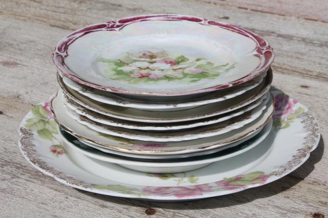 photo of vintage china dessert set, mismatched roses cake plates & serving plate #7