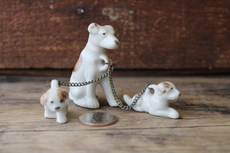 photo of vintage china dog figurines family, Jack Russell terrier w/ puppy dogs on chain leash #1