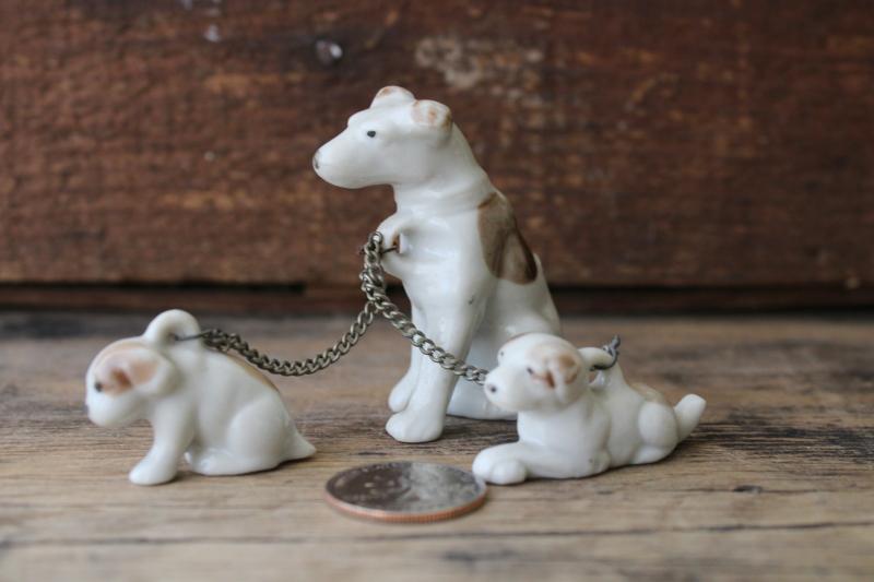 photo of vintage china dog figurines family, Jack Russell terrier w/ puppy dogs on chain leash #2