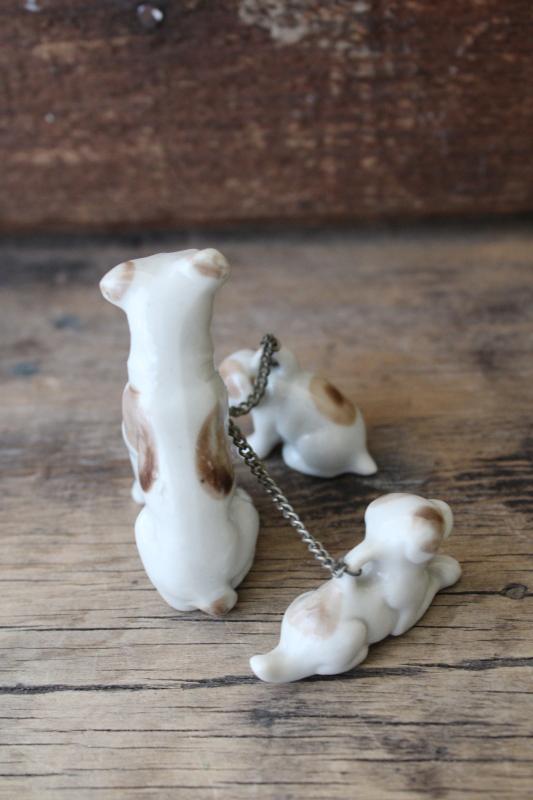 photo of vintage china dog figurines family, Jack Russell terrier w/ puppy dogs on chain leash #4