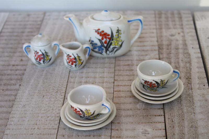 photo of vintage china doll dishes w/ hand painted Mother Goose, made in Japan mini toy tea set #1