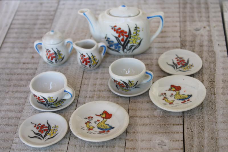 photo of vintage china doll dishes w/ hand painted Mother Goose, made in Japan mini toy tea set #2