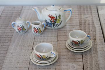 catalog photo of vintage china doll dishes w/ hand painted Mother Goose, made in Japan mini toy tea set