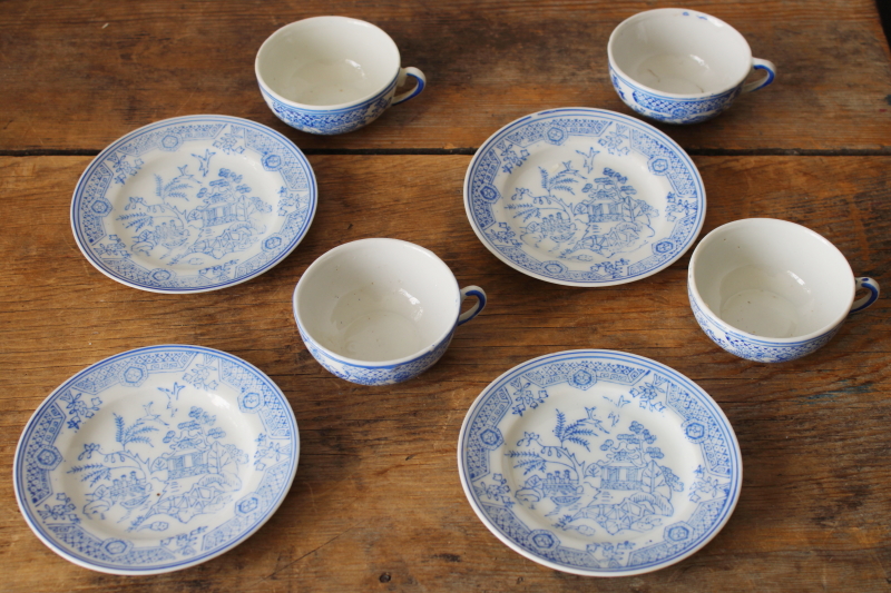 photo of vintage china doll dishes tea cups & plates, Japan hand painted blue & white porcelain  #2
