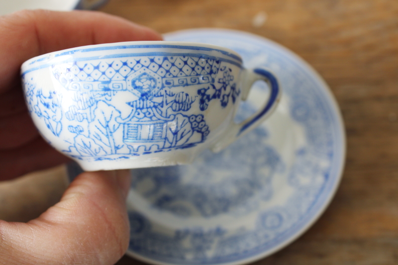 photo of vintage china doll dishes tea cups & plates, Japan hand painted blue & white porcelain  #5