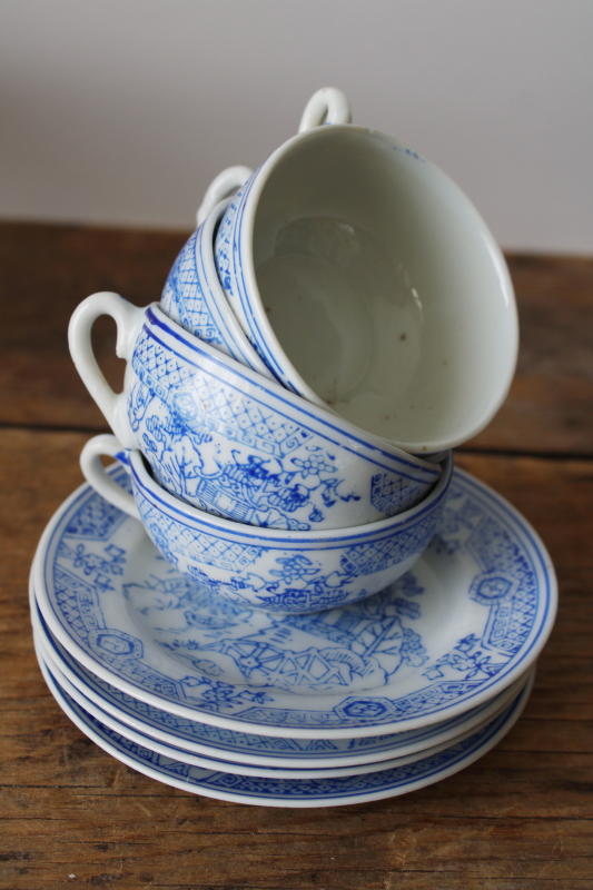 photo of vintage china doll dishes tea cups & plates, Japan hand painted blue & white porcelain  #9