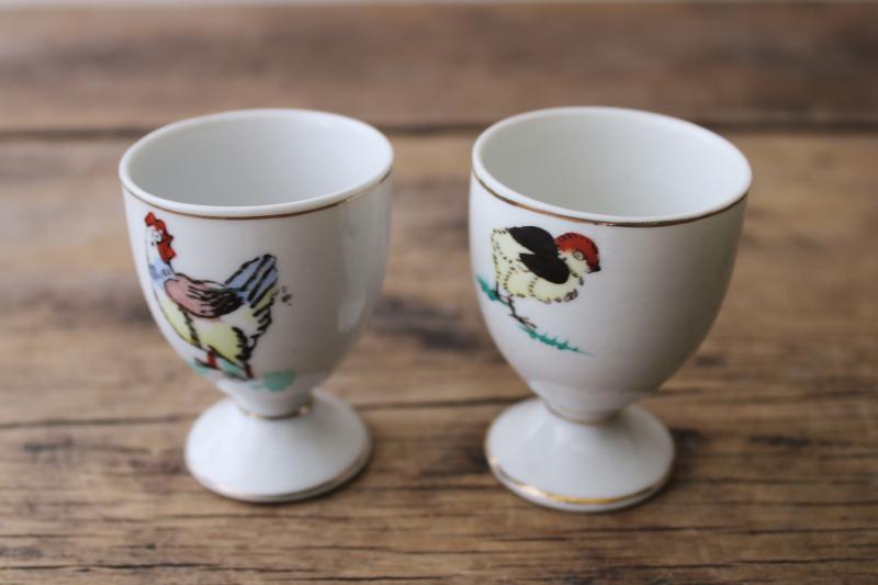 photo of vintage china egg cups w/ hand painted chickens, hen & baby chick #1