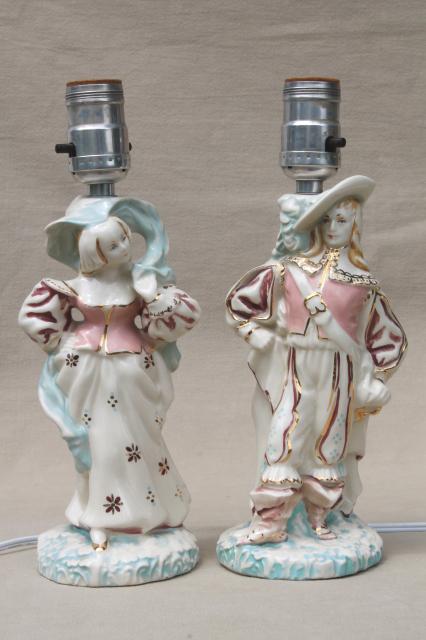 photo of vintage china figurine lamps, French musketeer & country maid in pink & blue #1