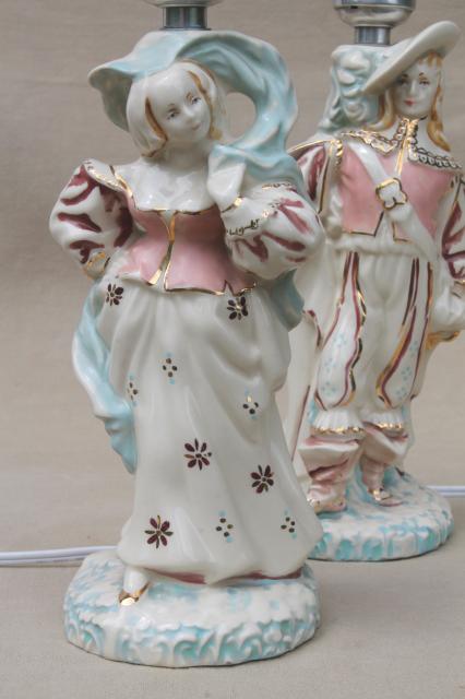 photo of vintage china figurine lamps, French musketeer & country maid in pink & blue #2