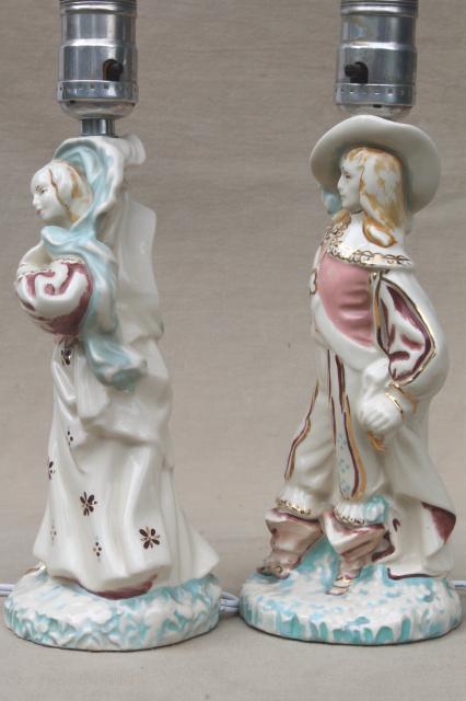 photo of vintage china figurine lamps, French musketeer & country maid in pink & blue #4