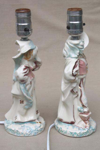 photo of vintage china figurine lamps, French musketeer & country maid in pink & blue #6