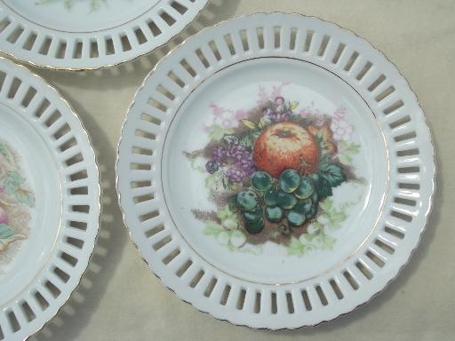 photo of vintage china fruit plates wall hangers, ribbon china w/ reticulated lace edge #2