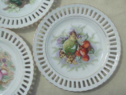 photo of vintage china fruit plates wall hangers, ribbon china w/ reticulated lace edge #3