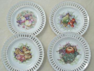 catalog photo of vintage china fruit plates wall hangers, ribbon china w/ reticulated lace edge