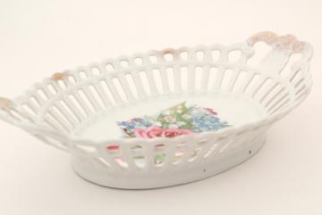 catalog photo of vintage china lace edged oval bowl, reticulated openwork made in Germany or Austria