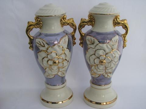 photo of vintage china lamp bases, gold trim / white / french blue luster, big roses #1