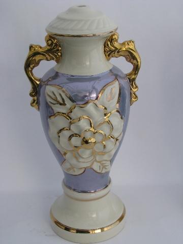 photo of vintage china lamp bases, gold trim / white / french blue luster, big roses #2