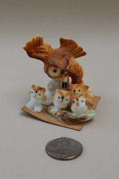 catalog photo of vintage china miniature figurines, mini animal family of owls, Japan bone china