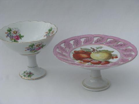 photo of vintage china pedestal stand plate & comport dish, painted flowers & fruit #1