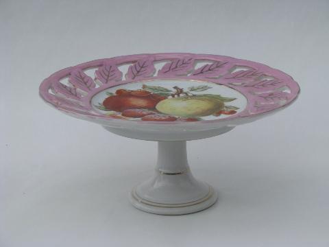 photo of vintage china pedestal stand plate & comport dish, painted flowers & fruit #2