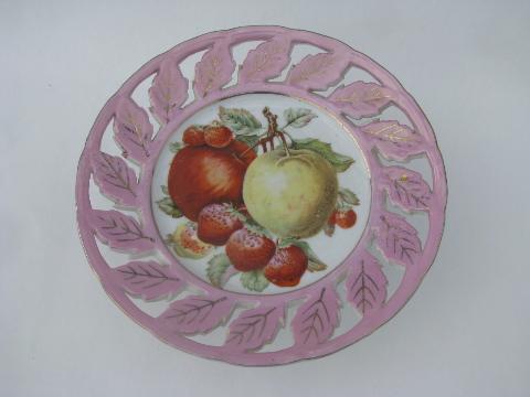 photo of vintage china pedestal stand plate & comport dish, painted flowers & fruit #3