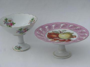 catalog photo of vintage china pedestal stand plate & comport dish, painted flowers & fruit