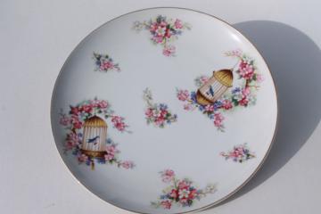 catalog photo of vintage china plate w/ bluebirds & birdcage, song bird pets or blue bird of happiness