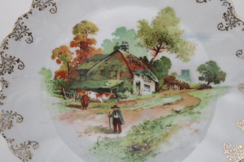 photo of vintage china plate wall hanging, old English farm scene w/ cows & thatched cottage #2