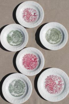 catalog photo of vintage china plates w/ embossed creamware border, fruit & harvest red & green transferware