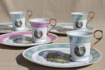 catalog photo of vintage china plates & teacups, sweet pink & green tea party luncheon set for a princess!