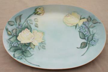 catalog photo of vintage china platter or oval tray, hand painted yellow roses on sky blue