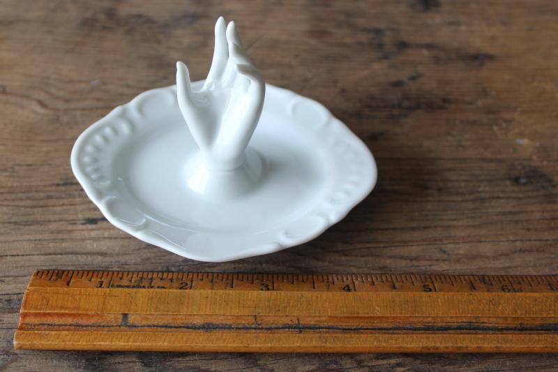 photo of vintage china ring holder dish w/ lady's hand, pure white porcelain made in Japan #1