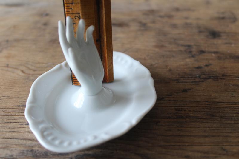 photo of vintage china ring holder dish w/ lady's hand, pure white porcelain made in Japan #2