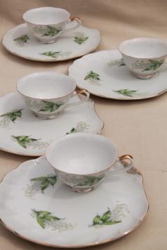 catalog photo of vintage china snack sets, tea cups & tray plates w/ lily of the valley lilies