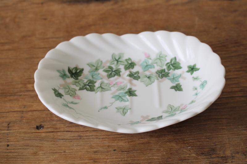 photo of vintage china soap dish, ring or trinket dish, green ivy trellis print on white  #1