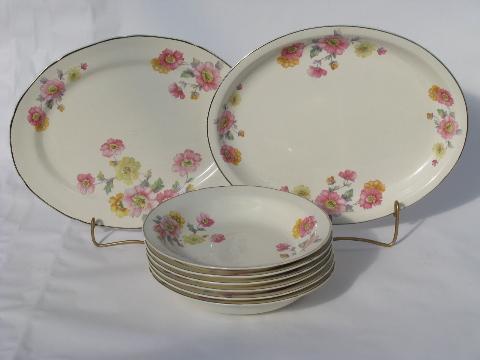 photo of vintage china soup bowls, plates, platters, pink and yellow cottage roses floral #1