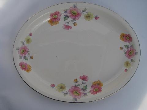 photo of vintage china soup bowls, plates, platters, pink and yellow cottage roses floral #2