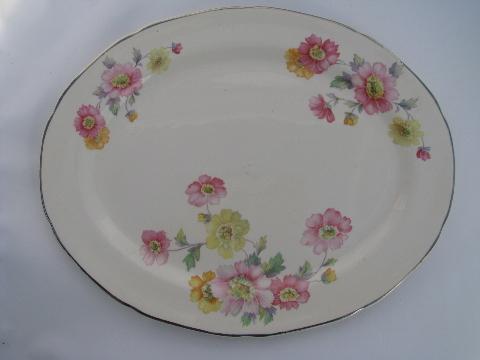 photo of vintage china soup bowls, plates, platters, pink and yellow cottage roses floral #3