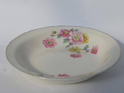 photo of vintage china soup bowls, plates, platters, pink and yellow cottage roses floral #4