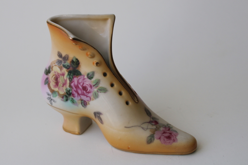 photo of vintage china tall boot ladies shoe vase w/ roses, RS Prussia style mark, made in Japan #2