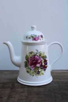 catalog photo of vintage china tea or coffee pot, Arthur Wood England purple floral w/ fuchsias pattern 