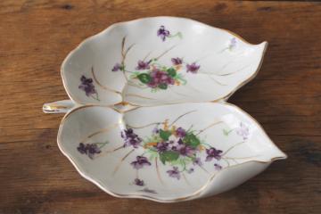 catalog photo of vintage china trinket dish, Norcrest Japan sweet violets leaf shaped tray 