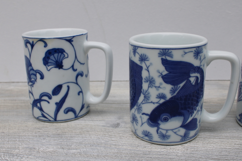 photo of vintage chinoiserie blue & white china mugs, Chinese dragon, koi, butterfly, flower #3