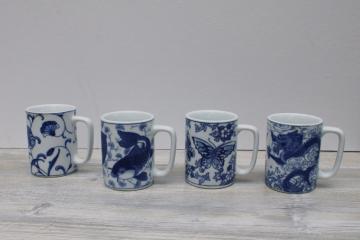 catalog photo of vintage chinoiserie blue & white china mugs, Chinese dragon, koi, butterfly, flower