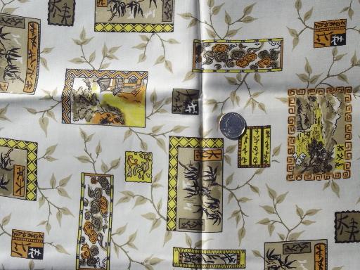 photo of vintage chinoiserie print cotton sateen fabric, oriental designs w/ bamboo #1